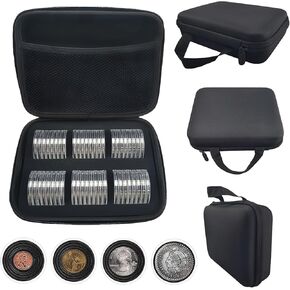 Coin Collection Holder Storage Box 48 Pieces 46mm Plastic Coin Case Capsule with 7-Size Black Gasket, 16/20/25/27/30/35/40/46mm Coin Holder Organizer for Collectors Coin Collecting Supplies