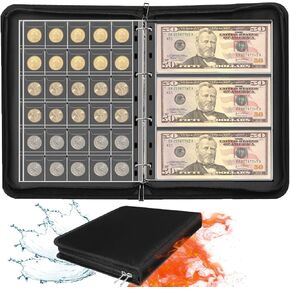Coin Collection Book Holder for Collectors, FOTEEMO Fireproof Coin Album 300 Pockets Coins Collecting & 36 Paper Money Organizer Binder for Coin Currency Collection, Badges，Pennies, Quarters, Stamp