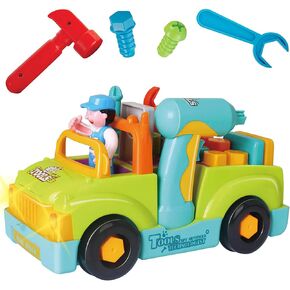 Toddler Tool Set Toy Trucks Kids Mechanic Workbench Take Apart Musical Toolbox with Electric Drill, Power Play Tools, Lights, Bump and Go Building Toy for 2 Year Old Boys