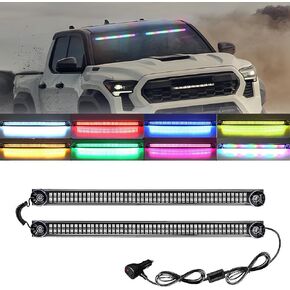 2 in 1 RGB Red Blue Emergency Hazard Warning Strobe Light Bar Amber Yellow Safety Flashing Interior Windshield Light w/Suction Cups for Tow/Plow Truck Police Firefighter Construction Vehicles