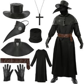 Plague Doctor Costume Robe with Plague Mask Medieval Black Cloak Cosplay Halloween Costume