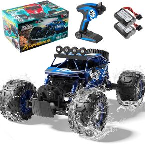 1:10 Big Amphibious RC Truck, IPX6 Waterproof 30 Km/h 4x4 Off-Road RC Rock Crawler, RC Monster Truck with Al alloy shell & LED Light, 2.4GHz All Terrain RC Cars with 2 Batteries 100Mins Play (Blue)