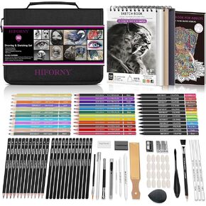HIFORNY 100 PCS Drawing & Sketching Set, Professional Art Supplies with Graphite,Charcoal, Colored,Watercolor,Metallic Pencils,Blending Tools,Sketchbook and Coloring Book in Zipper Case (Black)