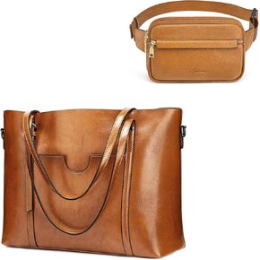 S-ZONE Genuine Leather Tote Bag Bundle with RFID Blocking Fanny Packs Belt Bag