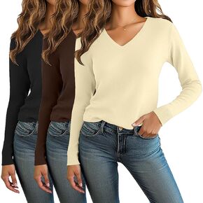 Riyiper 3 Pack Women's V Neck Sweater, Long Sleeve Lightweight Tops Casual Solid Color Pullover Loose Knit Classic Sweaters