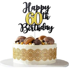 غلاف كعكة عيد الميلاد الستين السعيد باللون الأسود والذهبي اللامع حتى 60 عامًا، كعكة عيد الميلاد الستين 60 وغطاء كعكة رائع لذكرى عيد الميلاد الستين السعيدة وحفلة عيد الميلاد الستين وزينة عيد الميلاد الستين