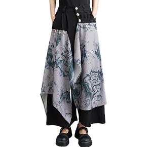 ellazhu Women's Pants Wide Legs Patchwork Button Down Pockets Black Ink Pattern Loose Oversize Summer GZ232 A