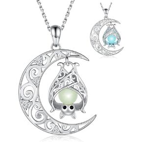 Silver Bat Crescent Moon Necklace Gothic Black Bat Pendant Cute Animal Glowing in the Dark Halloween Jewelry Gift for Women Girl, Sterling Silver, Cubic Zirconia