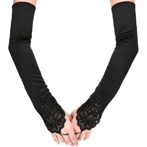TOYMIS 19 Inches Long Gloves Pierced Elbow Length Satin Gloves Fingerless Stretchy Opera Evening Party 1920s Gloves for Women Girls (Black)