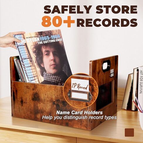 حامل تسجيل فينيل مطور، صندوق تخزين سجل الفينيل، تخزين ألبوم التسجيل لسجلات الفينيل، منظم تخزين سجل الفينيل لأكثر من 80 سجل، صندوق سجل Lp خشبي عتيق مع مقبض للكتاب، ملف in Kuwait