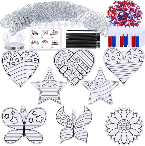 24 Sets Patriotic Suncatchers Ornaments Decorations DIY Window Paint Art Stickers Craft Kit American Star Heart Sun Catchers for Kids Classroom Patriotic 4th of July Activity Art Projects Party Favors in Saudi Arabia