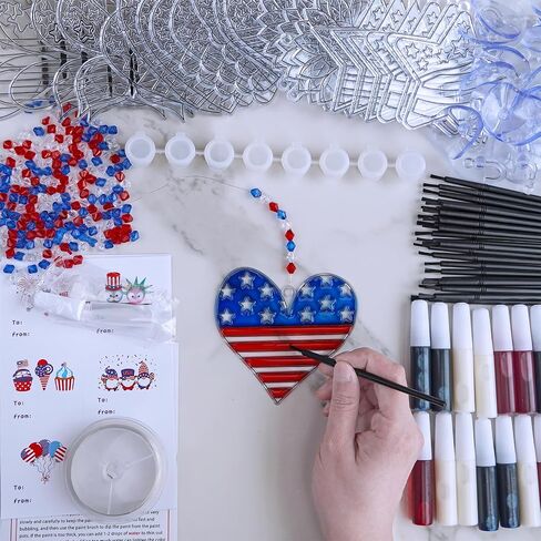24 Sets Patriotic Suncatchers Ornaments Decorations DIY Window Paint Art Stickers Craft Kit American Star Heart Sun Catchers for Kids Classroom Patriotic 4th of July Activity Art Projects Party Favors in Saudi Arabia