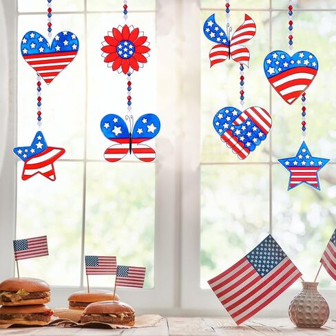 24 Sets Patriotic Suncatchers Ornaments Decorations DIY Window Paint Art Stickers Craft Kit American Star Heart Sun Catchers for Kids Classroom Patriotic 4th of July Activity Art Projects Party Favors in Saudi Arabia