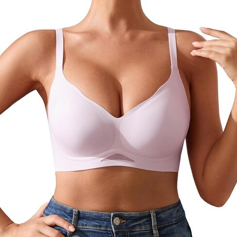 DEANGELMON Scalloped V Neck Wireless Bras for Women Seamless No Underwire Full Coverage Push Up Bras Soft Comfort Bralettes in Saudi Arabia