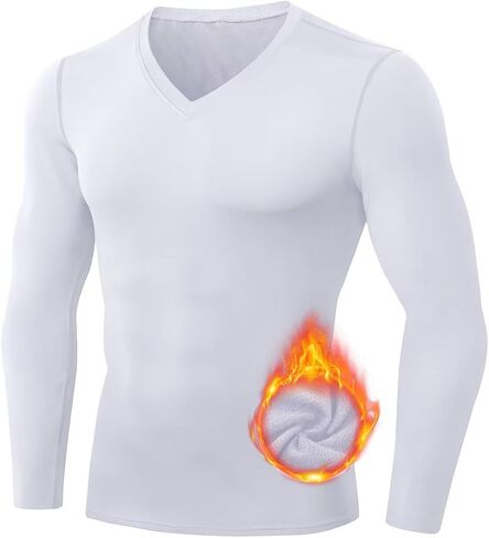 Men's Thermal Compression Shirts V Neck Fleece Lined Long Sleeve Athletic Base Layer Tops for Running Workout in Kuwait