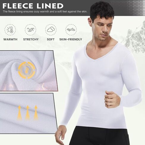 Men's Thermal Compression Shirts V Neck Fleece Lined Long Sleeve Athletic Base Layer Tops for Running Workout in Kuwait