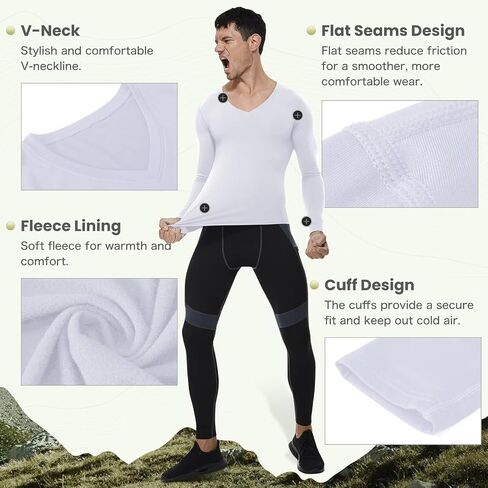 Men's Thermal Compression Shirts V Neck Fleece Lined Long Sleeve Athletic Base Layer Tops for Running Workout in Kuwait
