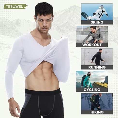 Men's Thermal Compression Shirts V Neck Fleece Lined Long Sleeve Athletic Base Layer Tops for Running Workout in Kuwait