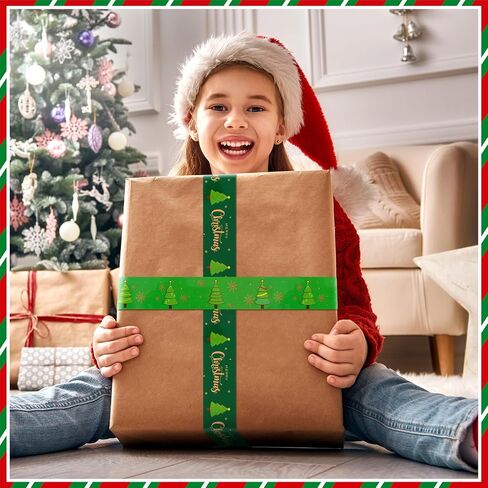 2 لفة 220 ياردة شريط تعبئة عيد الميلاد 1.89 بوصة شريط تغليف مزخرف، شريط تغليف هدايا عيد الميلاد المجيد، شريط تغليف لطيف للصناديق وحزم الأعمال الصغيرة in Saudi Arabia