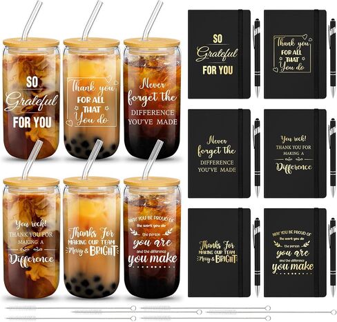 18 Pcs Employee Appreciation Gift Set for Women Thank You Inspirational Gifts with A6 Leather Journal Notebook 16 Oz Glass Cup Glitter Ballpoint Pen (Thank You) in Kuwait