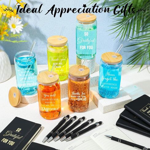 18 Pcs Employee Appreciation Gift Set for Women Thank You Inspirational Gifts with A6 Leather Journal Notebook 16 Oz Glass Cup Glitter Ballpoint Pen (Thank You) in Kuwait
