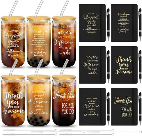 18 Pcs Employee Appreciation Gift Set for Women Thank You Inspirational Gifts with A6 Leather Journal Notebook 16 Oz Glass Cup Glitter Ballpoint Pen (Thank You) in Kuwait