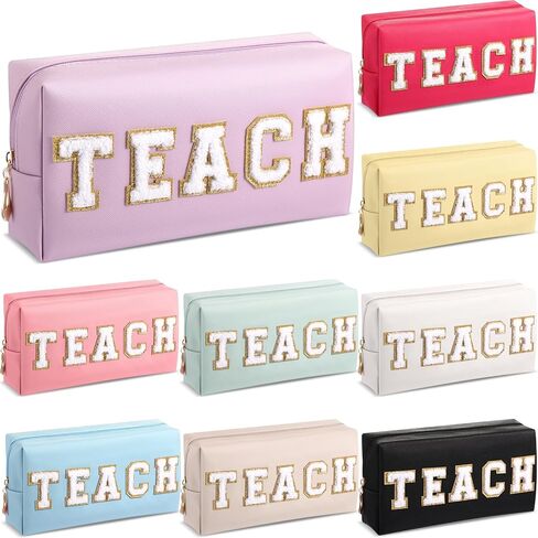 9 Pieces Preppy Patch Makeup Bag Chenille Letters Cosmetic Bag Smile Lightning Heart Pu Leather Portable Waterproof Toiletry Bag Travel Makeup Bag for Women (Bright Color,Glam) in Kuwait
