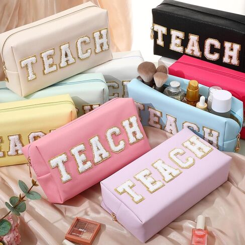 9 Pieces Preppy Patch Makeup Bag Chenille Letters Cosmetic Bag Smile Lightning Heart Pu Leather Portable Waterproof Toiletry Bag Travel Makeup Bag for Women (Bright Color,Glam) in Kuwait