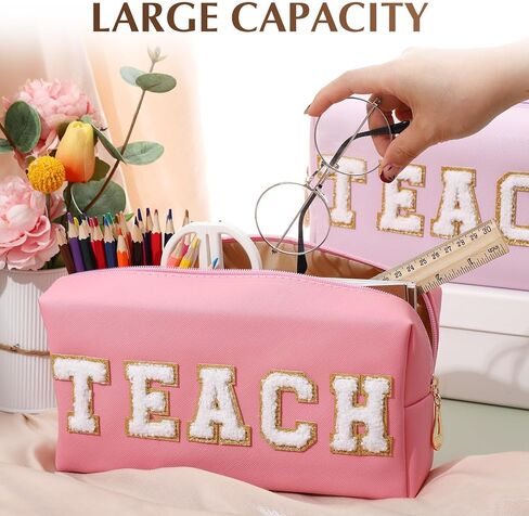 9 Pieces Preppy Patch Makeup Bag Chenille Letters Cosmetic Bag Smile Lightning Heart Pu Leather Portable Waterproof Toiletry Bag Travel Makeup Bag for Women (Bright Color,Glam) in Kuwait