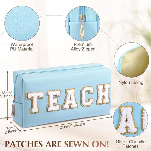 9 Pieces Preppy Patch Makeup Bag Chenille Letters Cosmetic Bag Smile Lightning Heart Pu Leather Portable Waterproof Toiletry Bag Travel Makeup Bag for Women (Bright Color,Glam) in Kuwait