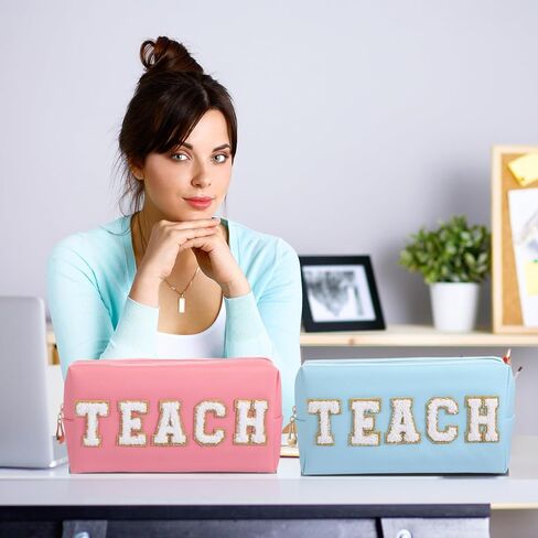 9 Pieces Preppy Patch Makeup Bag Chenille Letters Cosmetic Bag Smile Lightning Heart Pu Leather Portable Waterproof Toiletry Bag Travel Makeup Bag for Women (Bright Color,Glam) in Kuwait