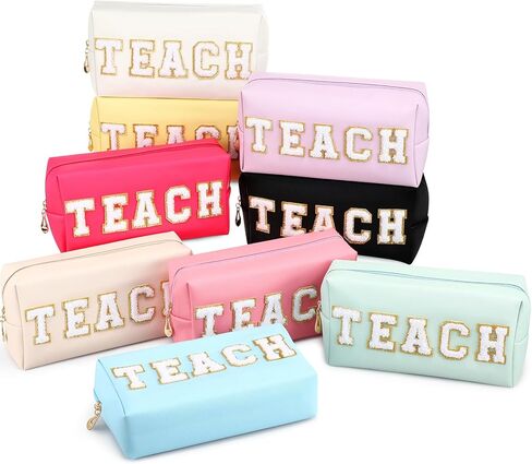 9 Pieces Preppy Patch Makeup Bag Chenille Letters Cosmetic Bag Smile Lightning Heart Pu Leather Portable Waterproof Toiletry Bag Travel Makeup Bag for Women (Bright Color,Glam) in Kuwait