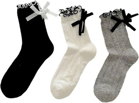 Womens Socks Bow socks Ruffle Casual Crew Black White Soft Breathable Cute 3 Pairs Socks in Saudi Arabia