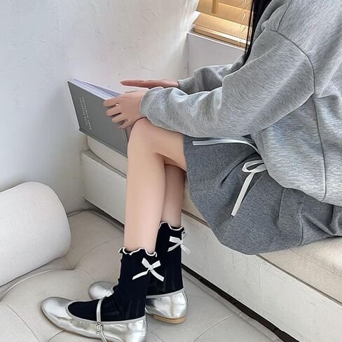 Womens Socks Bow socks Ruffle Casual Crew Black White Soft Breathable Cute 3 Pairs Socks in Saudi Arabia