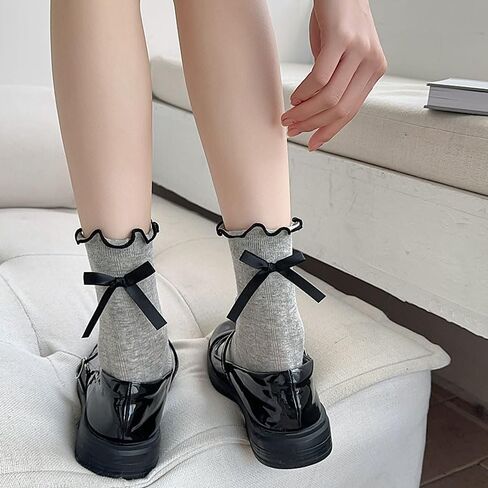 Womens Socks Bow socks Ruffle Casual Crew Black White Soft Breathable Cute 3 Pairs Socks in Saudi Arabia