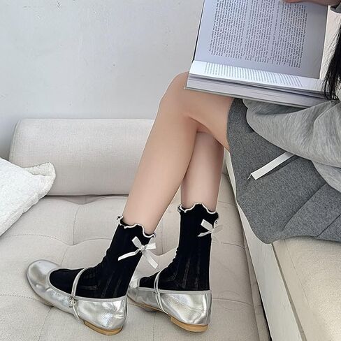 Womens Socks Bow socks Ruffle Casual Crew Black White Soft Breathable Cute 3 Pairs Socks in Saudi Arabia