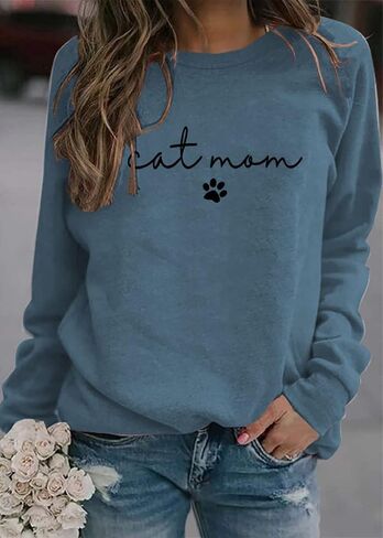 Kisswow Womens Cat Mom Shirts Long Sleeve Cute Graphic Tees Cat Mama Sweatshirt in Saudi Arabia