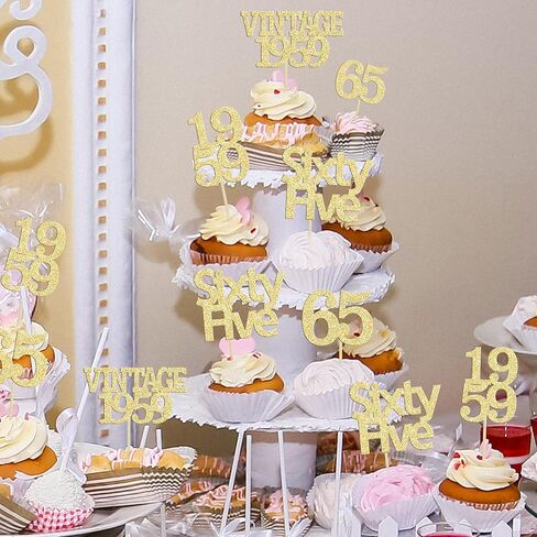 Gyufise 24Pcs 65th Birthday Cupcake Toppers Glitter Cheers to 65 Fabulous Sixty Five Vintage 1959 Cupcake Picks 65th Birthday Wedding Anniversary Party Cake Decorations Supplies Gold in Saudi Arabia