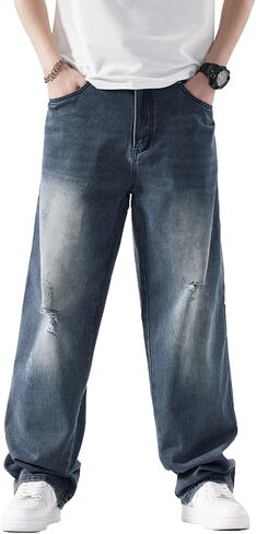 EnllerviiD Men's Baggy Denim Jeans Loose Fit Ripped Distressed Jean Hip Hop Vintage Skater Dance Pants Streetwear in Saudi Arabia