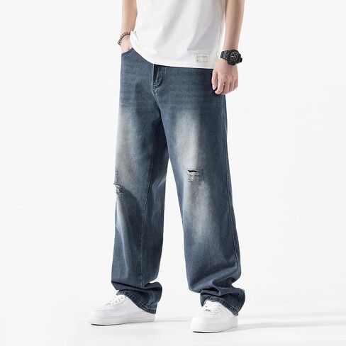 EnllerviiD Men's Baggy Denim Jeans Loose Fit Ripped Distressed Jean Hip Hop Vintage Skater Dance Pants Streetwear in Saudi Arabia