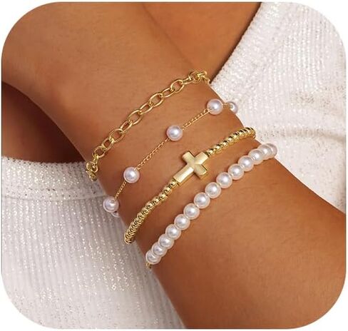 أساور اللؤلؤ الذهب للنساء، 14K مطلية بالذهب مطرز اللؤلؤ سوار مجموعات المجوهرات الصليب سحر سلسلة سوار أساور الذهب لذيذ للنساء هدايا المجوهرات العصرية in Kuwait