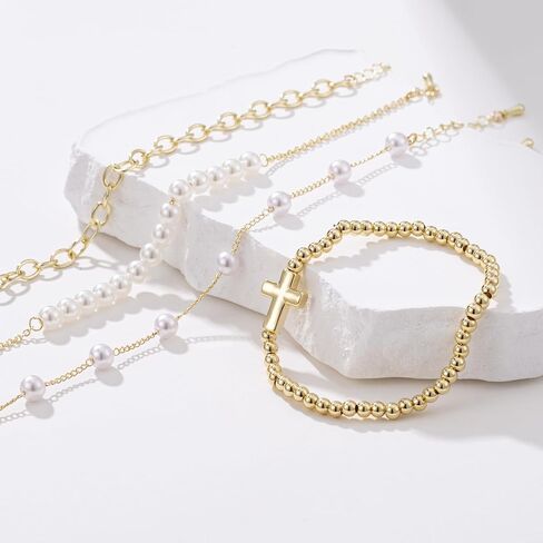 أساور اللؤلؤ الذهب للنساء، 14K مطلية بالذهب مطرز اللؤلؤ سوار مجموعات المجوهرات الصليب سحر سلسلة سوار أساور الذهب لذيذ للنساء هدايا المجوهرات العصرية in Kuwait