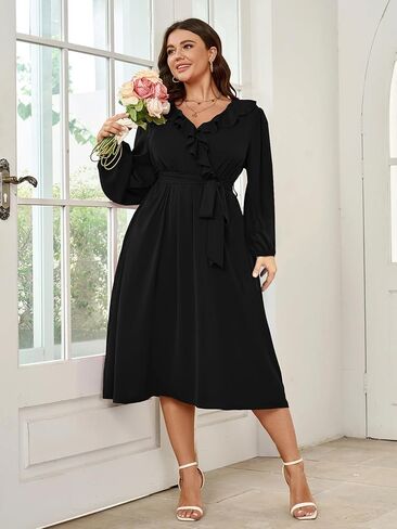 SCOMCHIC Plus Size Wedding Guest Wrap V Neck Dress Long Sleeve Cocktail Party Ruffle Belted A-Line Flowy Midi Dresses in Saudi Arabia