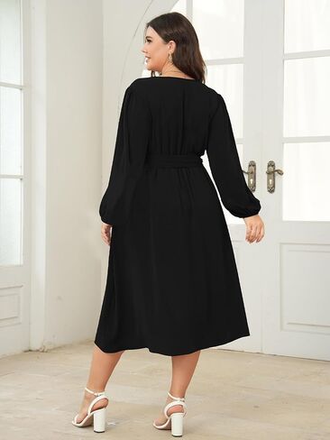 SCOMCHIC Plus Size Wedding Guest Wrap V Neck Dress Long Sleeve Cocktail Party Ruffle Belted A-Line Flowy Midi Dresses in Saudi Arabia