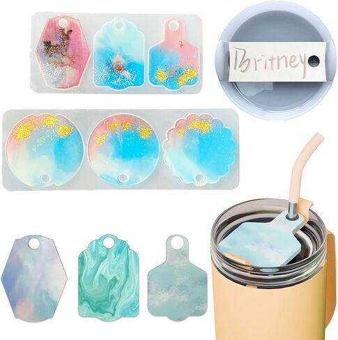 قطعتان من قالب الراتنج للوحة الاسم بوزن 40 أونصة غطاء كوب ستانلي 6 تجاويف غطاء بهلوان اسم العلامة قالب صب راتنجات الإيبوكسي DIY قلادة اسم مخصصة قالب سيليكون قالب تزيين الأكواب أداة صناعة يدوية in Kuwait