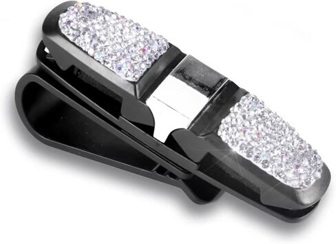 حامل نظارات JUSTTOP لواقي الشمس للسيارة، نظارة شمسية بأحجار الراين الكريستالية اللامعة قابلة للتدوير ذات نهايتين مزدوجتين مع مشبك بطاقة التذكرة - فضي in Kuwait