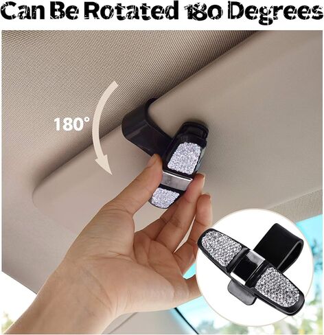 حامل نظارات JUSTTOP لواقي الشمس للسيارة، نظارة شمسية بأحجار الراين الكريستالية اللامعة قابلة للتدوير ذات نهايتين مزدوجتين مع مشبك بطاقة التذكرة - فضي in Kuwait