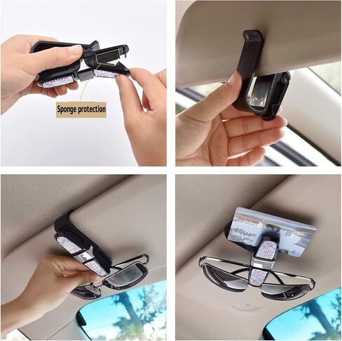 حامل نظارات JUSTTOP لواقي الشمس للسيارة، نظارة شمسية بأحجار الراين الكريستالية اللامعة قابلة للتدوير ذات نهايتين مزدوجتين مع مشبك بطاقة التذكرة - فضي in Kuwait