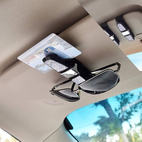 حامل نظارات JUSTTOP لواقي الشمس للسيارة، نظارة شمسية بأحجار الراين الكريستالية اللامعة قابلة للتدوير ذات نهايتين مزدوجتين مع مشبك بطاقة التذكرة - فضي in Kuwait