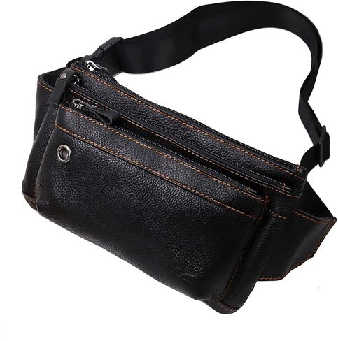 Triple Pocket fanny pack Genuine Leather waist bag slim shoulder bag Hip Purse Adjustable Belt strap Casual Pouch Outdoor Day bag (Hole Brown) in Kuwait